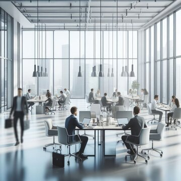 White, light gray, and sky blue business offices with blurred people's casual wear.