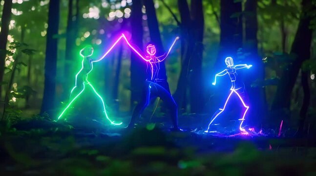 3 different neon colored dancing stick men in the forest (mov) made with Ai generative technology