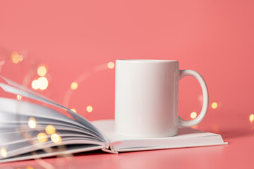 Ceramic mug mock up on pink background studio shot