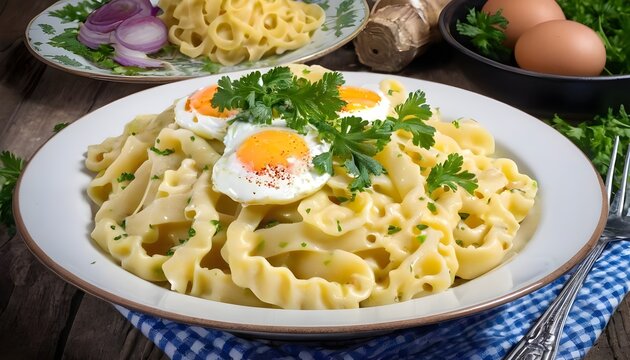 German Spaetzle egg Noodles with Butter and Parsley in a skillet.  Isolated, white background.