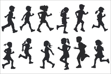 Silhouette of running children on white background, Boys and girls running silhouettes, Black silhouettes of children running