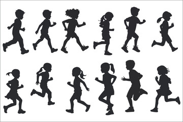 Obraz premium Silhouette of running children on white background, Boys and girls running silhouettes, Black silhouettes of children running