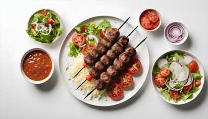 Grilled Adana kebab served with tomato, salad and onion. White background. Top view