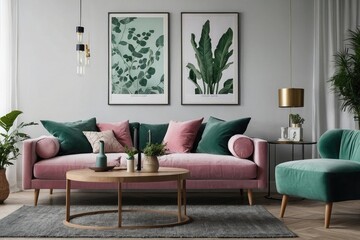 Cozy Modern Living Room Mockup Stylish Furniture Arrangement with Table, Chairs, and Sofa, Framed Wall Art and Vase with Plants