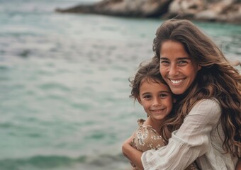 Portrait of happy mother and daughter smiling and hugging near the sea.