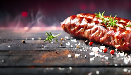Grilled Turkish Sucuk meat sausage. Dark background. Top view. - obrazy, fototapety, plakaty