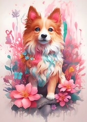 Fototapeta na wymiar Cute Puppy Surrounded With Flowers