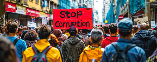 Crowd of protesters with a bold Stop Corruption sign, rallying on urban streets for political integrity, governance reform, and anti corruption movements - obrazy, fototapety, plakaty