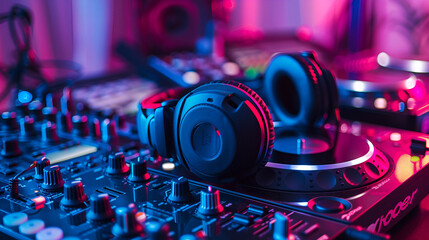 DJ Mixer with headphones. Elements and details of artists working tools - DJ console with knobs and black headphones. Soft focus,In selective focus of Pro dj controller,
