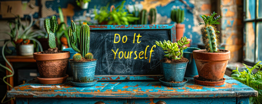 Do It Yourself inspirational quote on a black chalkboard with cacti and green plant in pots, encouraging creativity and personal effort