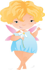 A cupid girl with golden hair thinks about love on a daisy