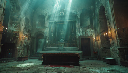 Recreation of an altar of an ancient church in ruins - obrazy, fototapety, plakaty