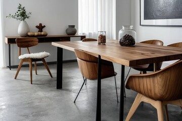 Cozy Modern Living Room Mockup Stylish Furniture Arrangement with Table, Chairs, and Sofa, Framed Wall Art and Vase with Plants