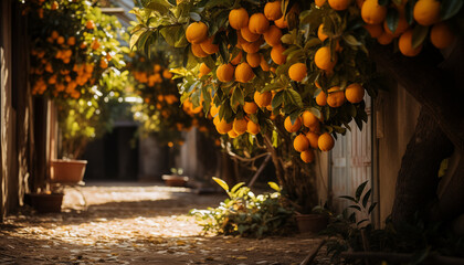 orange orchards in the city. alley of orange trees in the old town with paving stones.