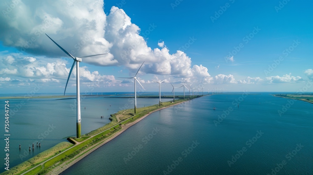 Aufkleber This is an aerial view of a windmill park in the ocean with wind turbines on Flevoland Netherlands Ijsselmeer.