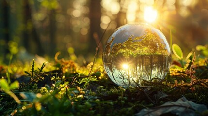 For the environment and conservation, a glass globe is incorporated into the in nature concept - obrazy, fototapety, plakaty