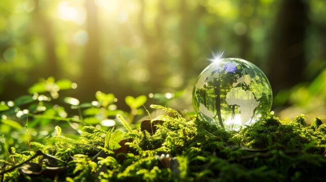 Conceptual image of a crystal globe resting on moss in a forest