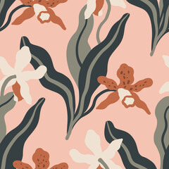 Floral seamless pattern with graphic orchids. Tropical print with exotic flowers.