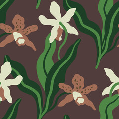 Floral seamless pattern with graphic orchids. Tropical print with exotic flowers. - 750494930