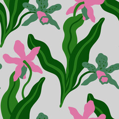 Floral seamless pattern with graphic orchids. Tropical print with exotic flowers. - 750494931