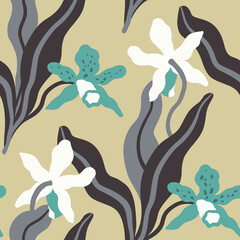 Floral seamless pattern with graphic orchids. Tropical print with exotic flowers.