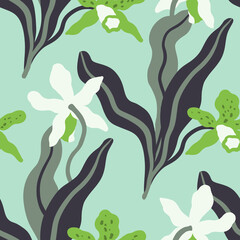 Floral seamless pattern with graphic orchids. Tropical print with exotic flowers. - 750494963