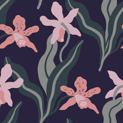 Floral seamless pattern with graphic orchids. Tropical print with exotic flowers. - 750494964