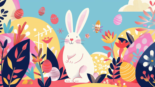 Playful easter bunny with decorative eggs and colorful spring florals illustration