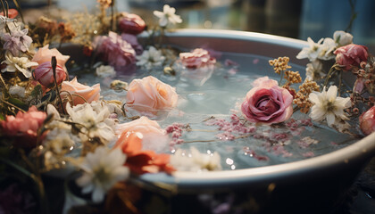 Obraz na płótnie Canvas romantic setting floral decoration in the bath for spa treatments. flowers in the bath.