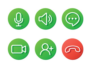 set of video call icons, video conference buttons, collections buttons video chat app, call technology, web app ui display template, videoconferencing and online meeting workspace, green vector icons