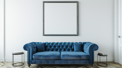 Blue sofa in living room decorated with blank frames