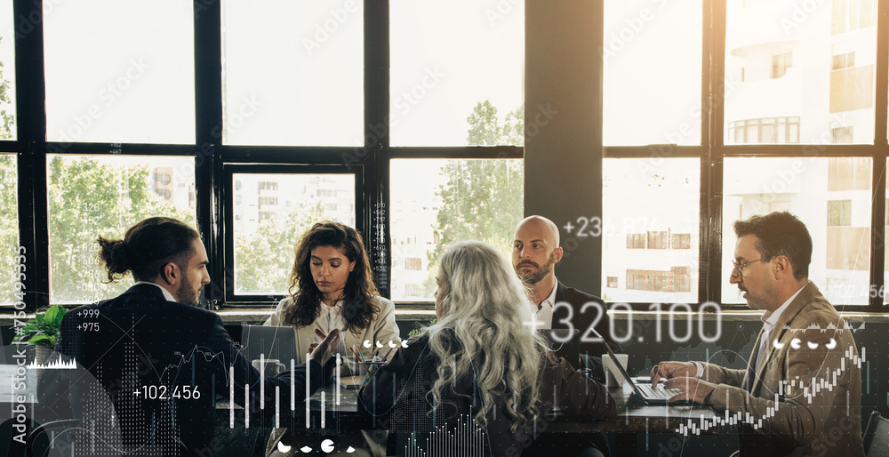 Aufkleber business professionals in a meeting at a large table in an office with large windows