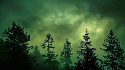 Image landscape. Silhouette of coniferous trees - obrazy, fototapety, plakaty