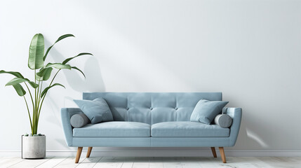 Light blue sofa in a sunny room