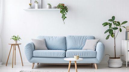Light blue sofa in a sunny room