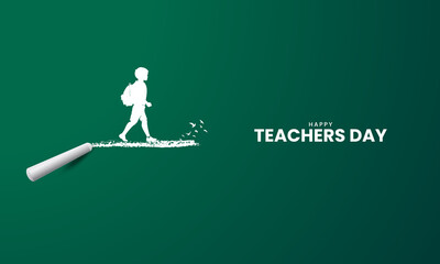 Happy Teachers Day. Walking student, chalk effect student flying bird, chalk, boy, bird, green background, Creative Design for banner poster, 3D Illustration