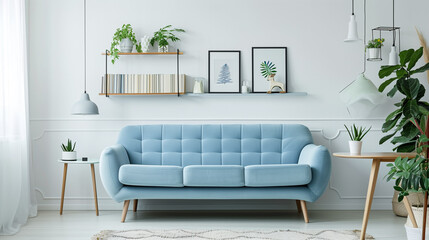 Light blue sofa in a sunny room