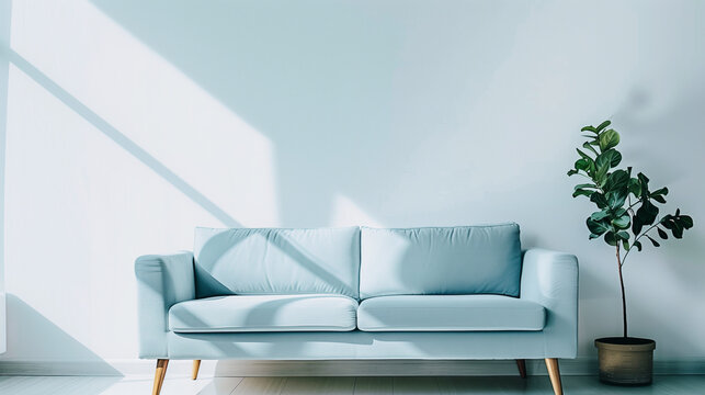 Light blue sofa in a sunny room