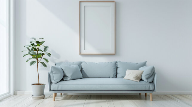 Light blue sofa and blank frame in a sunny room