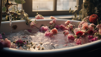 Obraz na płótnie Canvas romantic setting floral decoration in the bath for spa treatments. flowers in the bath.