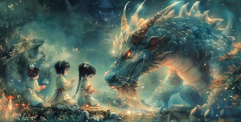 Mystical night in enchanted woods with children encountering a blue dragon
