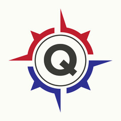 Compass Logo On Letter Q Alphabet. Navigator Symbol