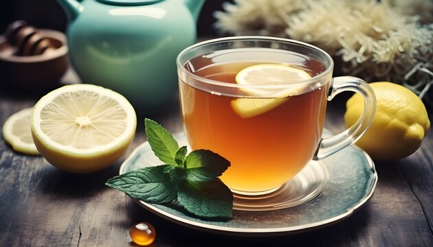 Hot winter drink. Tea with lemon, honey and mint. Ingredients for making tea.