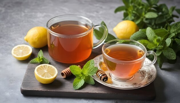 Hot winter drink. Tea with lemon, honey and mint. Ingredients for making tea.