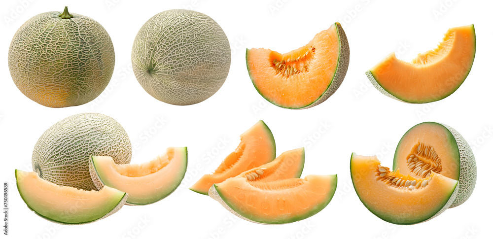 Wall mural cantaloupe cantaloupes melon fruit, many angles and view side top front sliced halved group cut isol - Wall murals