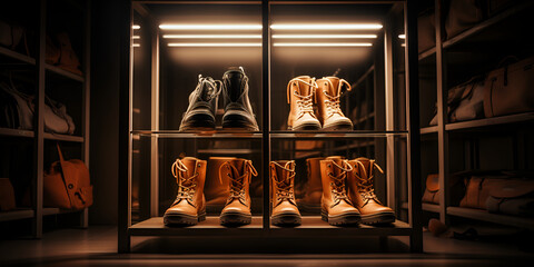 Array of Leather Shoes in Our Contemporary Shoe Emporium ,Large collection of leather shoes in a modern shoe store ,Shoes in a shoe store ,
 - obrazy, fototapety, plakaty
