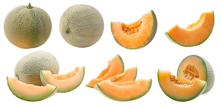 Cantaloupe cantaloupes melon fruit, many angles and view side top front sliced halved group cut isolated on transparent background cutout, PNG file. Mockup template for artwork graphic design	
