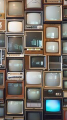 variety of classic televisions stacked creating a retro media wall