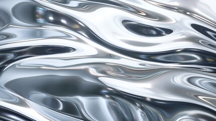 Liquid metal chrome silver steel abstract background. Techno header flowing design concept. Ripple and swirl on wavy metallic surface.