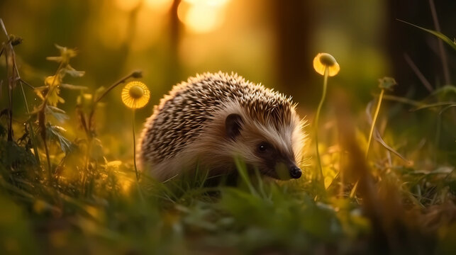 Cute hedgehog in grass at sunset, glowing warm light and soft focus creating a magical forest atmosphere.